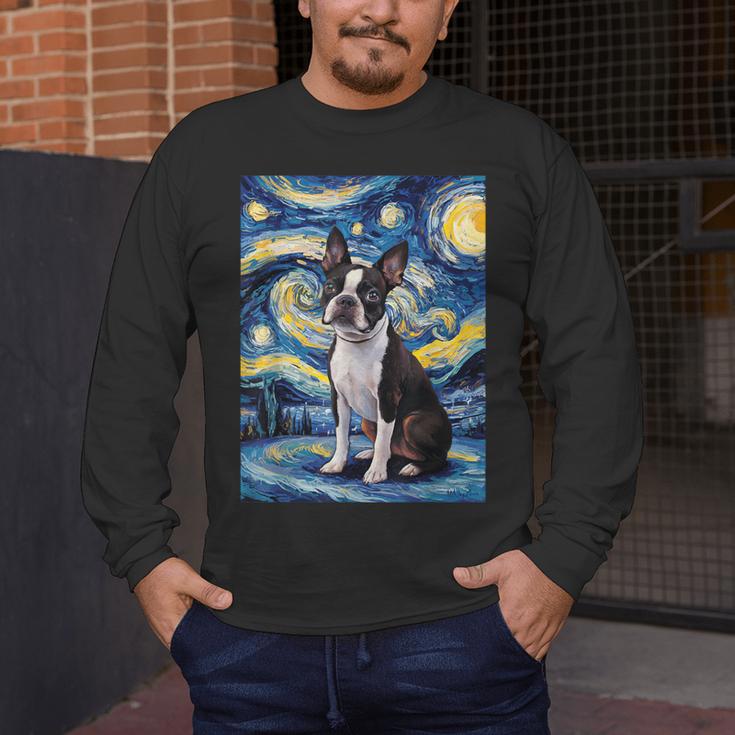 Boston Terrier Van Gogh Starry Night Men's Long Sleeve T-Shirt, funny design
