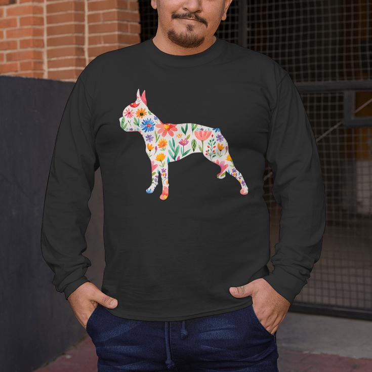 Boston Terrier Watercolor Flowers Men's Long Sleeve T-Shirt, funny design