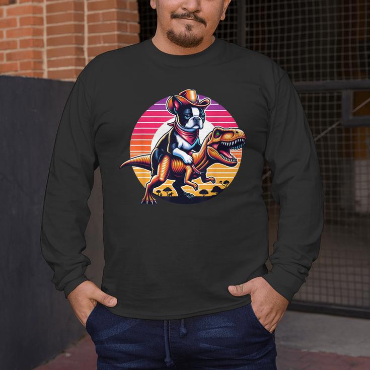 Boston Terrier Wearing A Cowboy Hat On T-Rex Men's Long Sleeve T-Shirt, funny design
