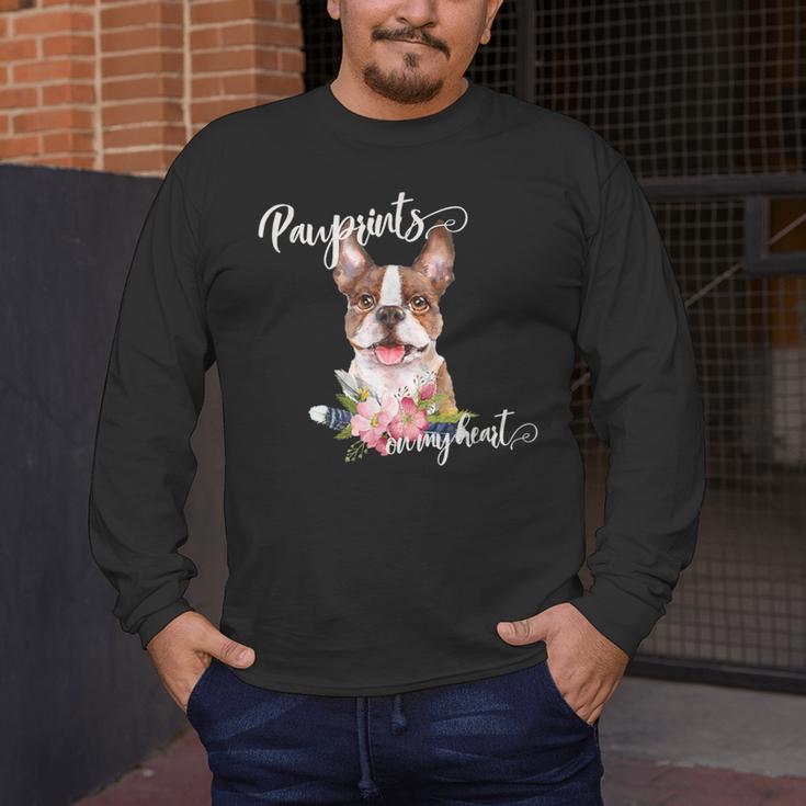 Brown Boston Terrier With Flowers And Feathers Men's Long Sleeve T-Shirt, funny design