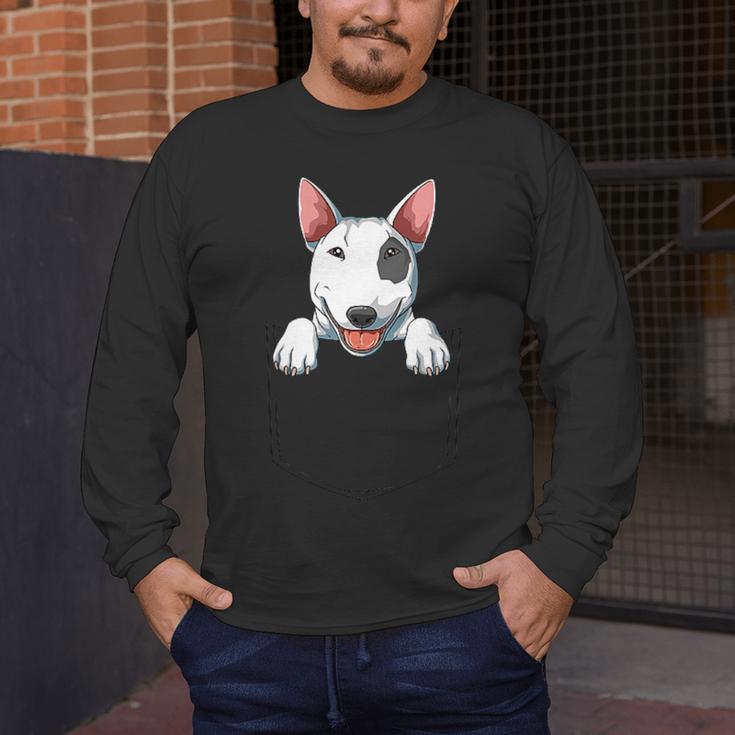 Bull Terrier Pocket Bull Terrier Peeking Out Pocket Men's Long Sleeve T-Shirt, funny design