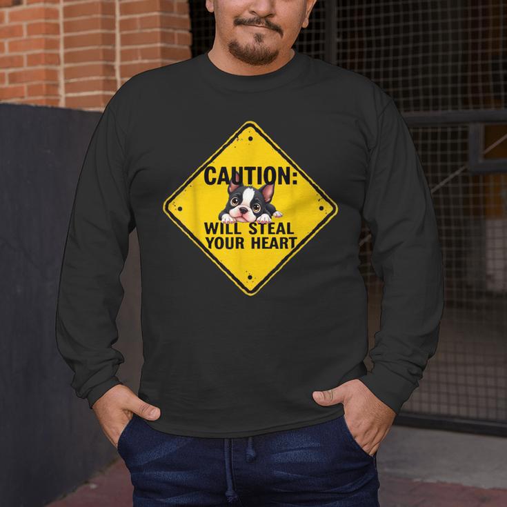 Caution Sign Boston Terrier Dog Bostie Puppy Men's Long Sleeve T-Shirt, funny design