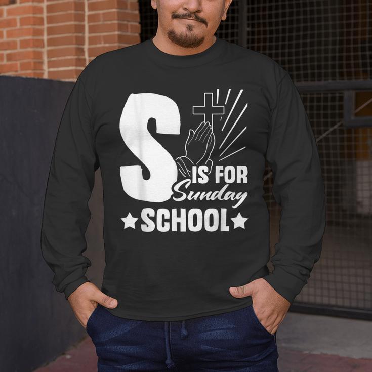 Christian Teacher S Is For Sunday School Essentials Men's Long Sleeve T-Shirt, funny design Christian Teacher S Is For Sunday School Essentials Men's Long Sleeve T-Shirt, funny design