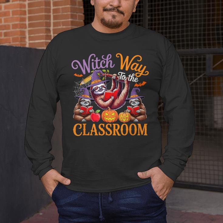 Way To Classroom Halloween Witch Three Cute Sloths Teacher Men's Long Sleeve T-Shirt, funny design Way To Classroom Halloween Witch Three Cute Sloths Teacher Men's Long Sleeve T-Shirt, funny design