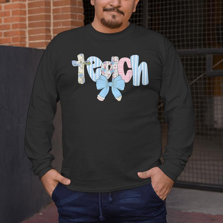 Coquette Bow Teach Teacher Happy First Day Back To School Men's Long Sleeve T-Shirt, funny design
