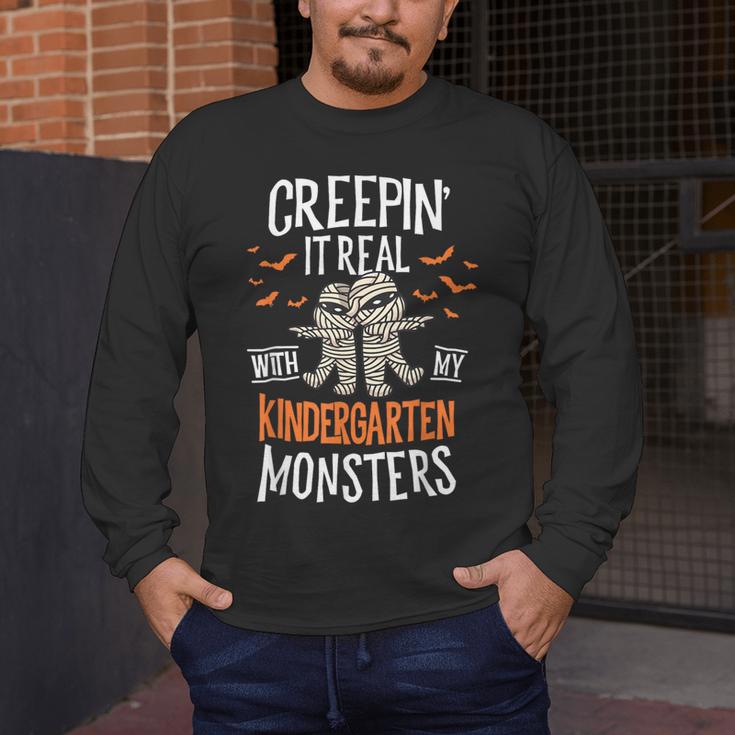 Creepin It Real Kindergarten Monsters Halloween Teacher Men's Long Sleeve T-Shirt, funny design
