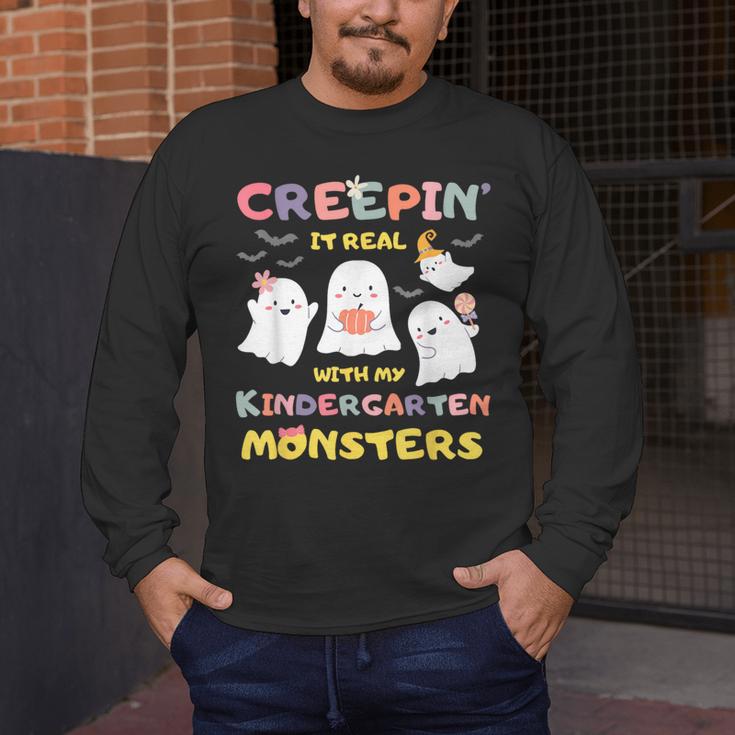 Creepin It Real With Kindergarten Monsters Halloween Teacher Men's Long Sleeve T-Shirt, funny design Creepin It Real With Kindergarten Monsters Halloween Teacher Men's Long Sleeve T-Shirt, funny design