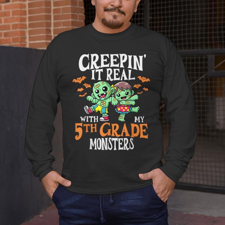 Creepin It Real Monster School 5th Grade Teacher Halloween Men's Long Sleeve T-Shirt, funny design