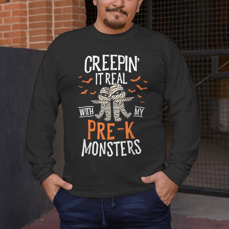 Creepin It Real Pre-K Monsters Halloween Preschool Teacher Men's Long Sleeve T-Shirt, funny design