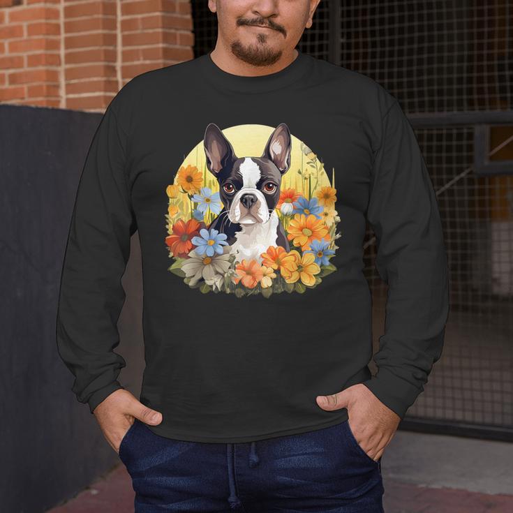 Cute Boston Terrier Spring Flower Garden Colorful Puppy Dog Men's Long Sleeve T-Shirt, funny design