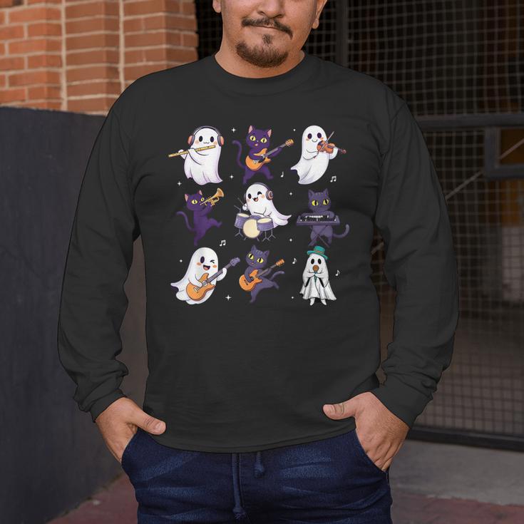 Cute Ghost Cat Playing Musical Halloween Music Teacher Men's Long Sleeve T-Shirt, funny design