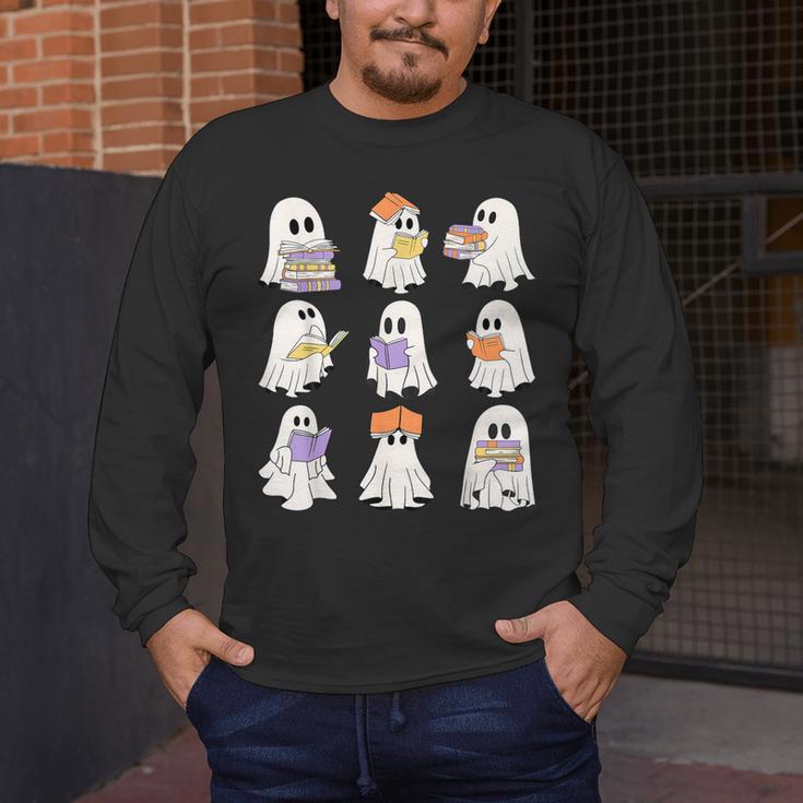 Cute Ghost Reading Books Teacher Halloween Reading Men Women Kids Men's Long Sleeve T-Shirt, funny design