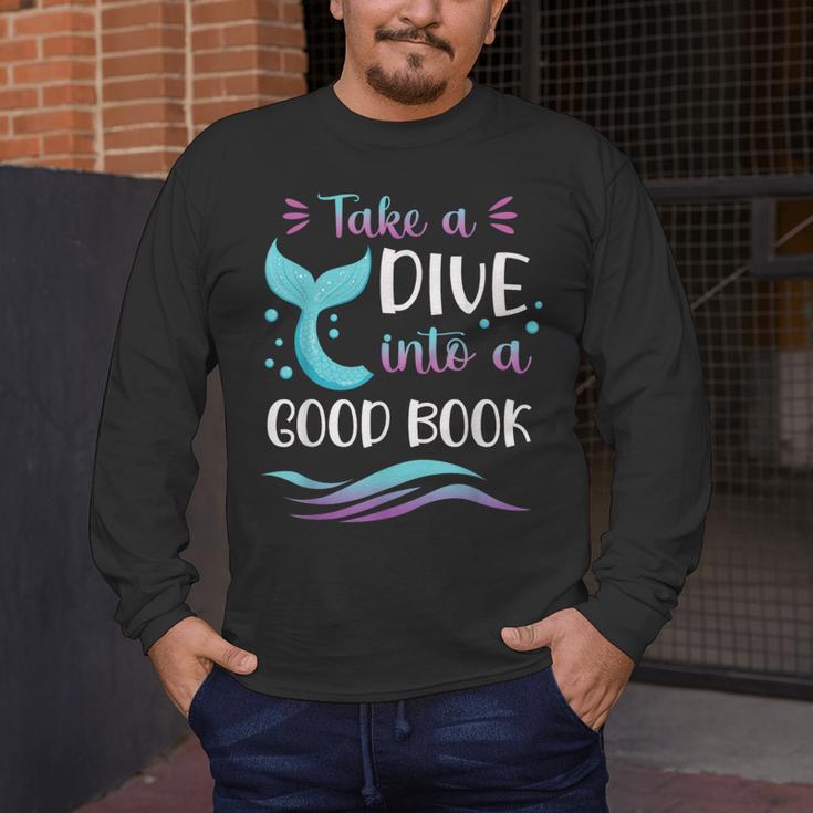 Cute Mermaid Librarian Teacher Dive Into A Good Book Reading Men's Long Sleeve T-Shirt, funny design Cute Mermaid Librarian Teacher Dive Into A Good Book Reading Men's Long Sleeve T-Shirt, funny design