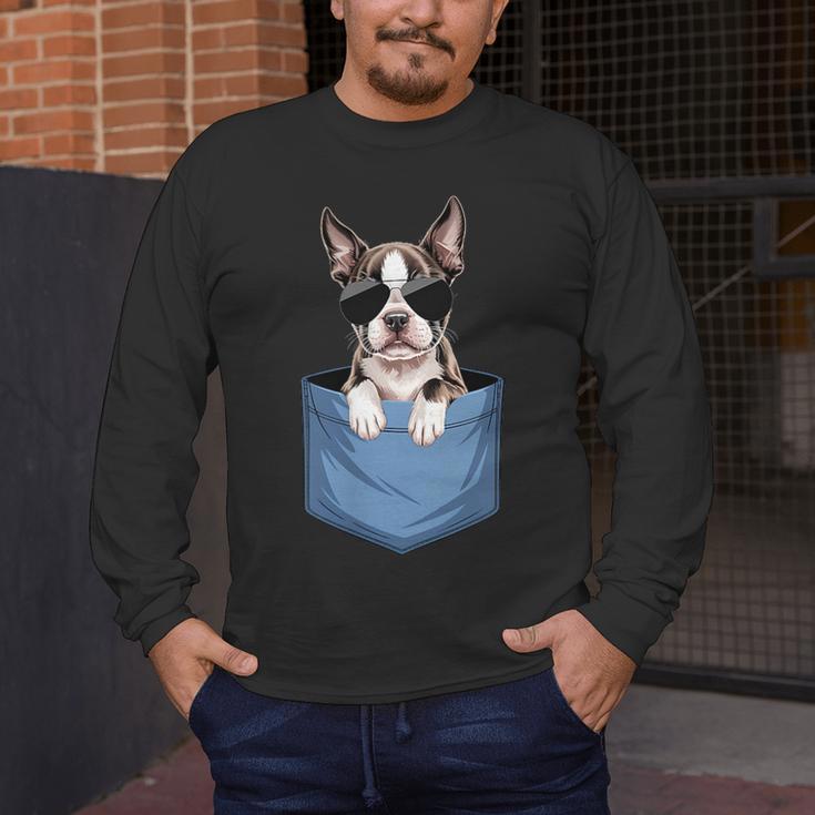 Cute Pocket Boston Terrier Lover Dog Mom Men's Long Sleeve T-Shirt, funny design