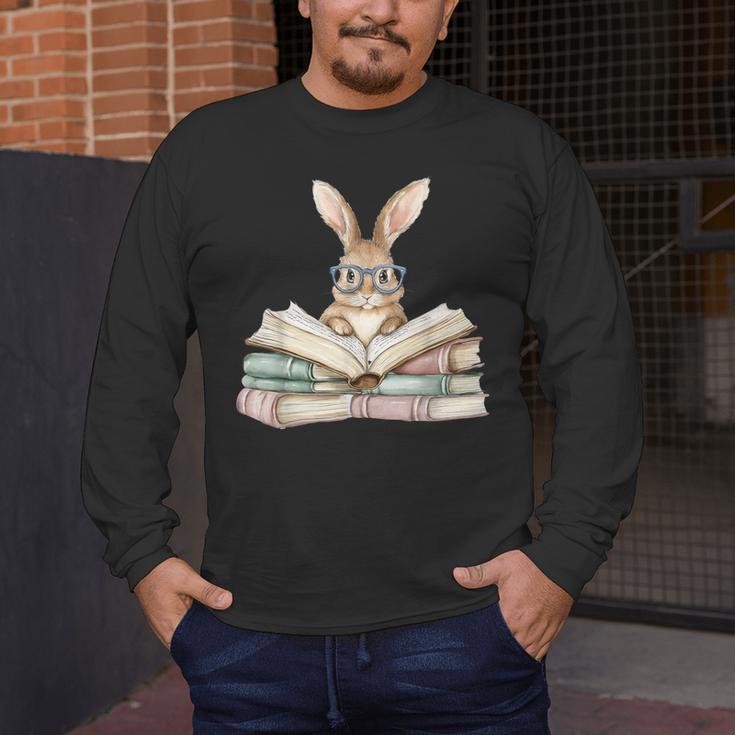 Cute Reading Bunny Glasses Books Bookworm Reader Teacher Men's Long Sleeve T-Shirt, funny design
