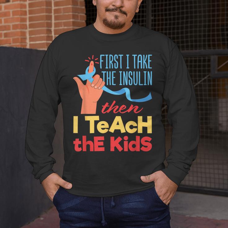Diabetic Teacher Diabetes Awareness Insulin Blue Ribbon Men's Long Sleeve T-Shirt, funny design