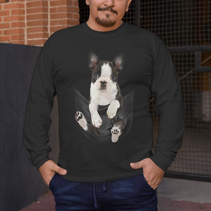 Dog Lovers Boston Terrier In Pocket Dog Face For Men Women Kids Men's Long Sleeve T-Shirt, funny design