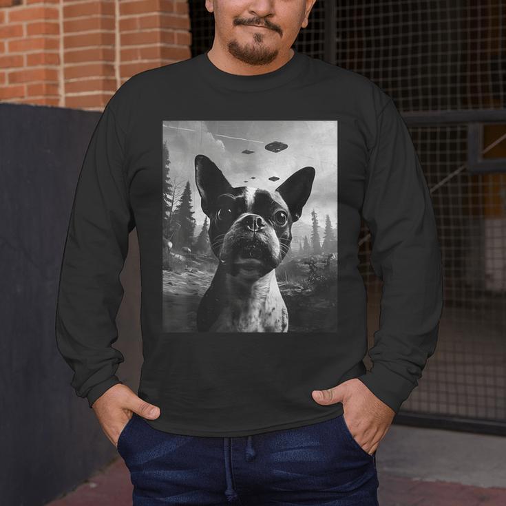 Dog Mom Dad Alien Selfie Boston Terrier UFO For Men Women Men's Long Sleeve T-Shirt, funny design