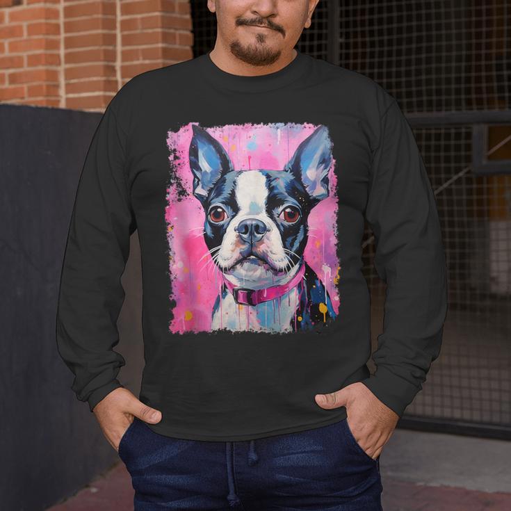 Dog Pink Boston Terrier Men's Long Sleeve T-Shirt, funny design