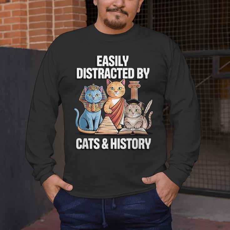 Easily Distracted By Cats & History Teacher Women Men Men's Long Sleeve T-Shirt, funny design Easily Distracted By Cats & History Teacher Women Men Men's Long Sleeve T-Shirt, funny design