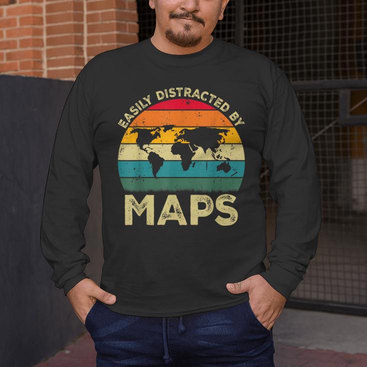 Easily Distracted By Maps Geography Teacher Men's Long Sleeve T-Shirt, funny design