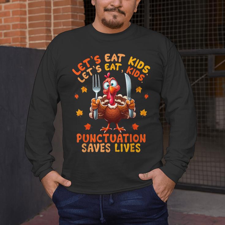 Eat Kids Punctuation Saves Lives Thanksgiving Turkey Teacher Men's Long Sleeve T-Shirt, funny design