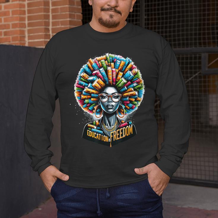 Education Is Freedom History Month Teacher Books Afro Men's Long Sleeve T-Shirt, funny design