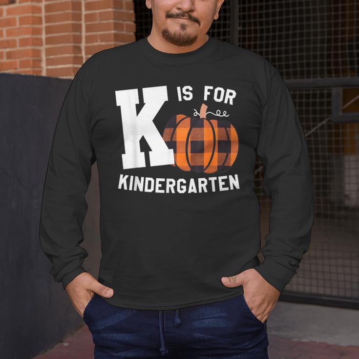Fall Kindergarten Teacher K Is For Buffalo Plaid Pumpkin Men's Long Sleeve T-Shirt, funny design Fall Kindergarten Teacher K Is For Buffalo Plaid Pumpkin Men's Long Sleeve T-Shirt, funny design
