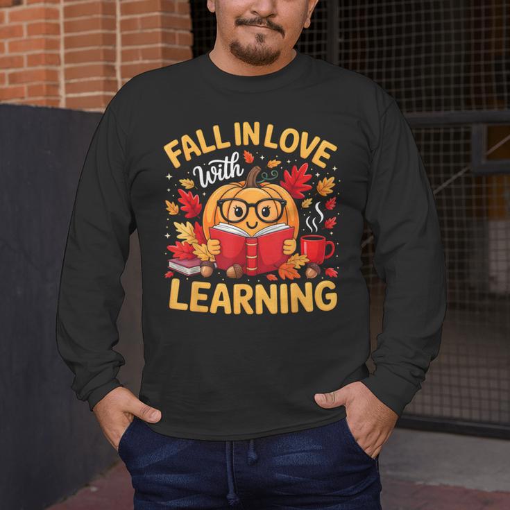 Fall In Love With Learning Pumpkin Thanksgiving Teacher Fall Men's Long Sleeve T-Shirt, funny design