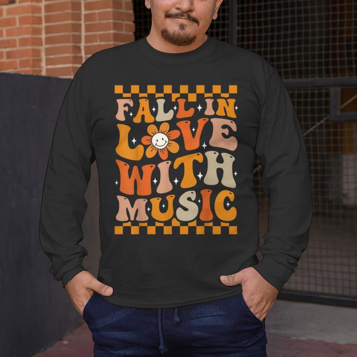 Fall In Love With Music Groovy Thanksgiving Music Teacher Men Women Girls Kids Men's Long Sleeve T-Shirt, funny design