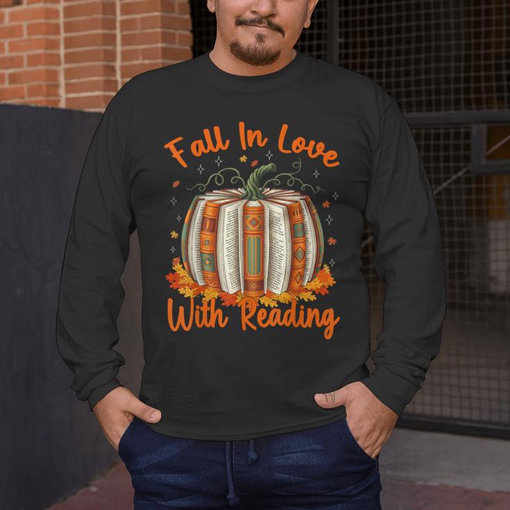 Fall In Love With Reading Pumpkin Autumn Librarians Teacher Men's Long Sleeve T-Shirt, funny design