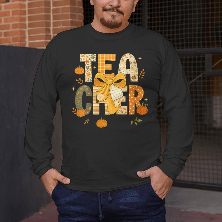 Fall Teacher Pumpkin Coquette Bow Autumn Classroom Men's Long Sleeve T-Shirt, funny design Fall Teacher Pumpkin Coquette Bow Autumn Classroom Men's Long Sleeve T-Shirt, funny design