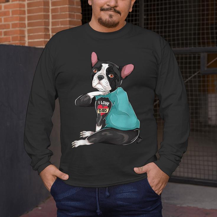 Father's Day Gift Dog Dad Boston Terrier i Love Dad Tattoo Men's Long Sleeve T-Shirt, funny design