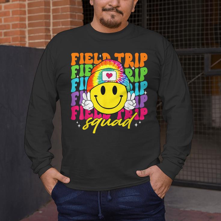 Field Trip Squad Groovy Field Day Smile Face Teacher Tie Dye Men's Long Sleeve T-Shirt, funny design