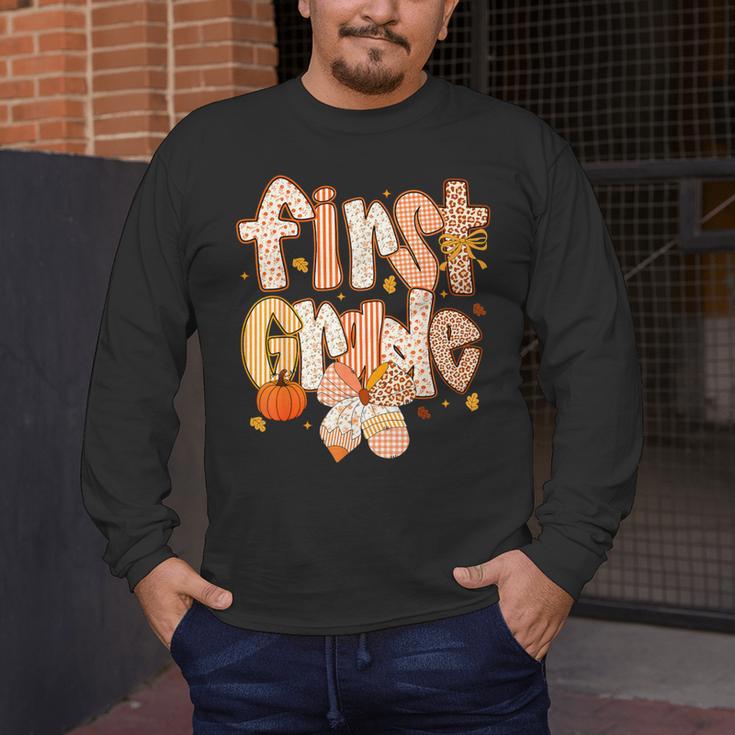 First Grade Fall Floral Coquette Bow Teachers Students Men's Long Sleeve T-Shirt, funny design