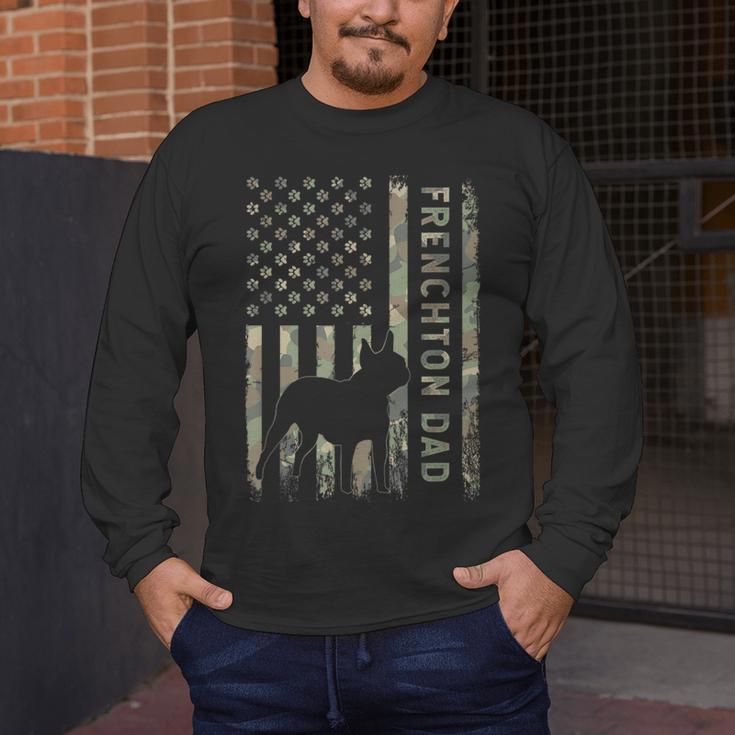 Frenchton Dad French Bulldog Boston Terrier Camo USA Flag Men's Long Sleeve T-Shirt, funny design