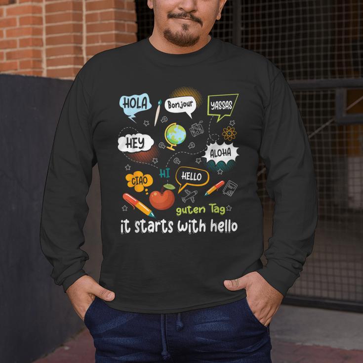 Friendship Inclusion Language Teacher It Starts With Hello Men's Long Sleeve T-Shirt, funny design Friendship Inclusion Language Teacher It Starts With Hello Men's Long Sleeve T-Shirt, funny design