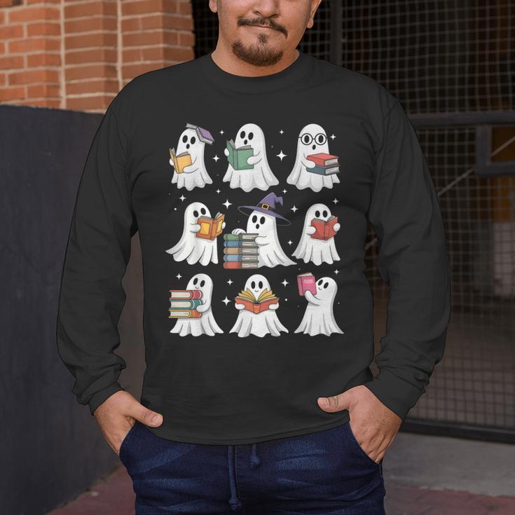 Ghost Reading Teacher Halloween Costume Librarian Book Lover Men's Long Sleeve T-Shirt, funny design