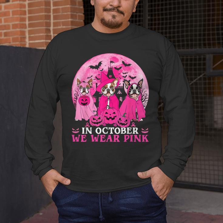 Ghost And Witch Boston Terrier Dog In October We Wear Pink Men's Long Sleeve T-Shirt, funny design