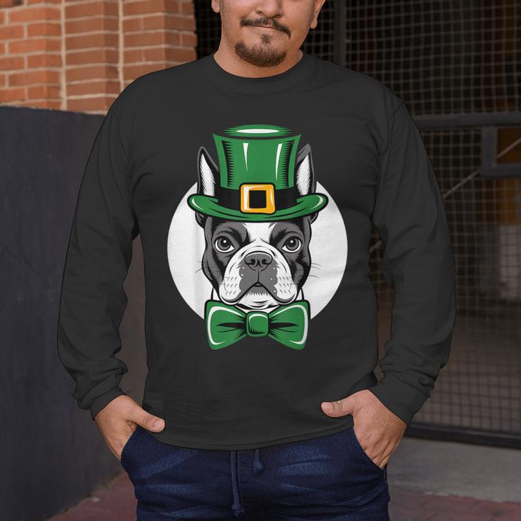 Green Boston Terrier Shamrock St Patricks Day Boston Terrier Men's Long Sleeve T-Shirt, funny design