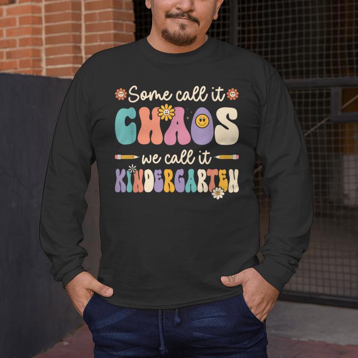 Groovy Some Call It Chaos We Call It Kindergarten Teacher Men's Long Sleeve T-Shirt, funny design Groovy Some Call It Chaos We Call It Kindergarten Teacher Men's Long Sleeve T-Shirt, funny design