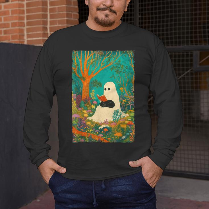 Groovy Ghost Reading Book Cat Halloween Ghost Teacher Men's Long Sleeve T-Shirt, funny design