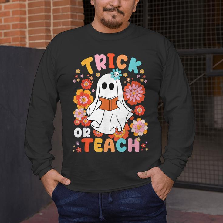 Groovy Halloween Trick Or Teach Retro Floral Ghost Teacher For Men Women Kids Men's Long Sleeve T-Shirt, funny design Groovy Halloween Trick Or Teach Retro Floral Ghost Teacher For Men Women Kids Men's Long Sleeve T-Shirt, funny design