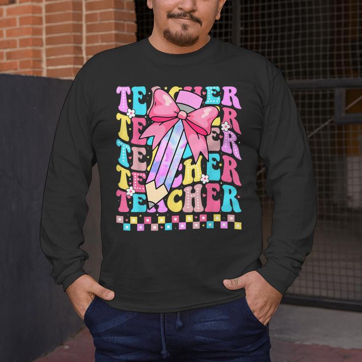 Groovy Teacher Cute Coquette Bow Flower Retro Back To School Men's Long Sleeve T-Shirt, funny design Groovy Teacher Cute Coquette Bow Flower Retro Back To School Men's Long Sleeve T-Shirt, funny design