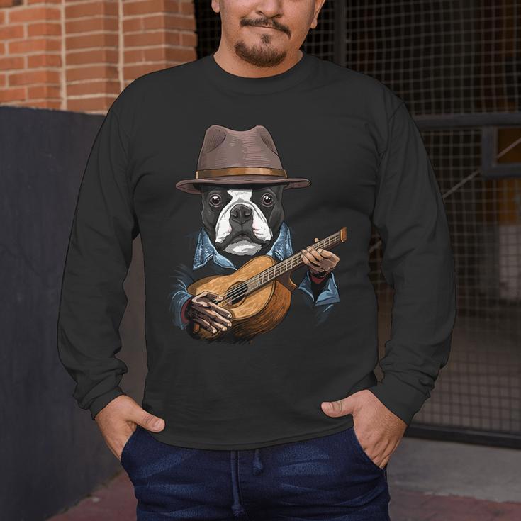 Guitar Shirt Boston Terrier Dog Playing Acoustic Guitar Men's Long Sleeve T-Shirt, funny design