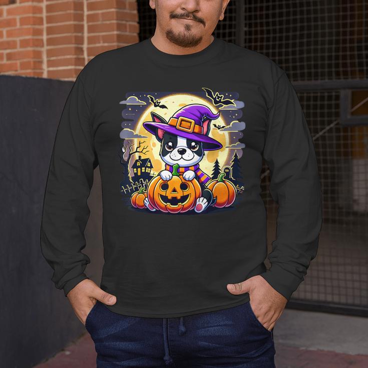 Halloween Boston Terrier Dog Breed With Jack O' Lantern Art Men's Long Sleeve T-Shirt, funny design
