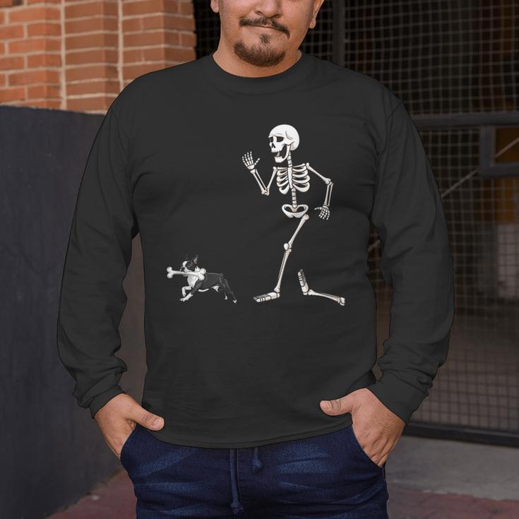 Halloween Boston Terrier And Skeleton Men's Long Sleeve T-Shirt, funny design