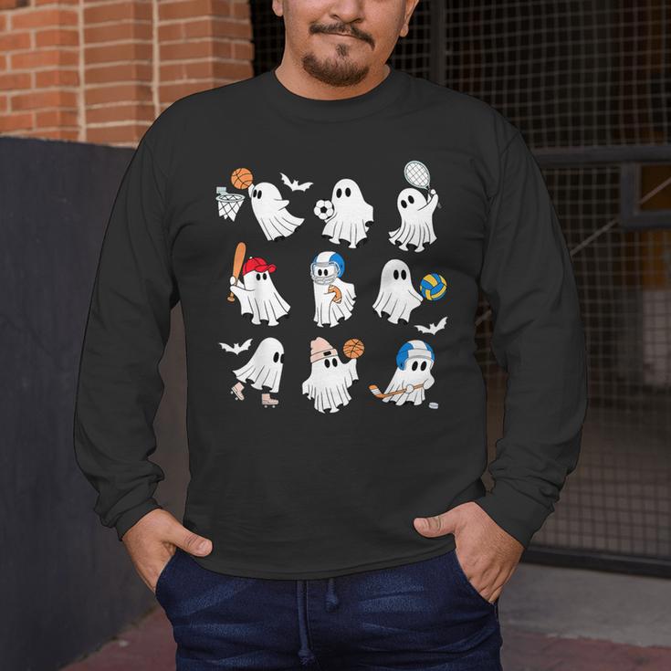 Halloween PE Teacher Ghost Playing Soccer Football Baseball Men's Long Sleeve T-Shirt, funny design Halloween PE Teacher Ghost Playing Soccer Football Baseball Men's Long Sleeve T-Shirt, funny design