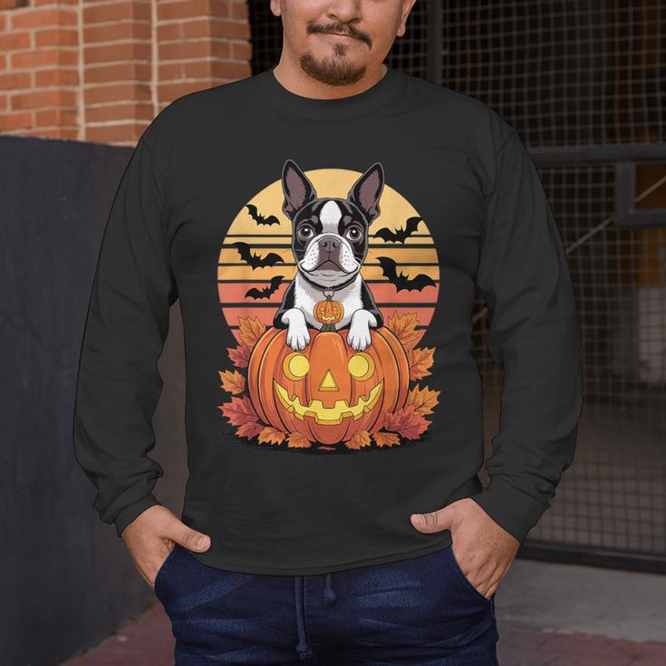Halloween Retro Boston Terrier Men's Long Sleeve T-Shirt, funny design