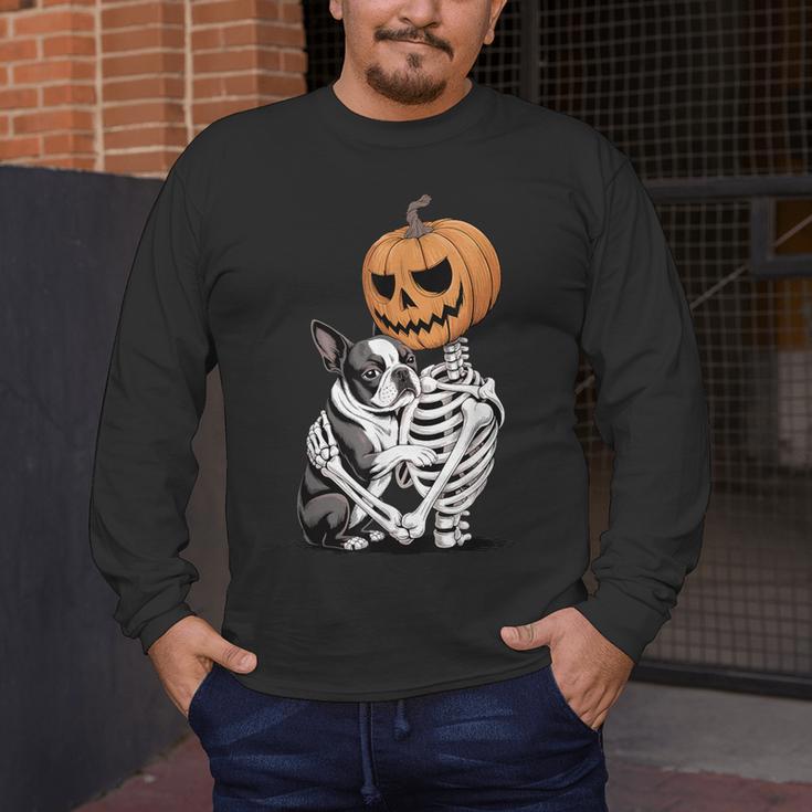 Halloween Skeleton Boston Terrier Men's Long Sleeve T-Shirt, funny design